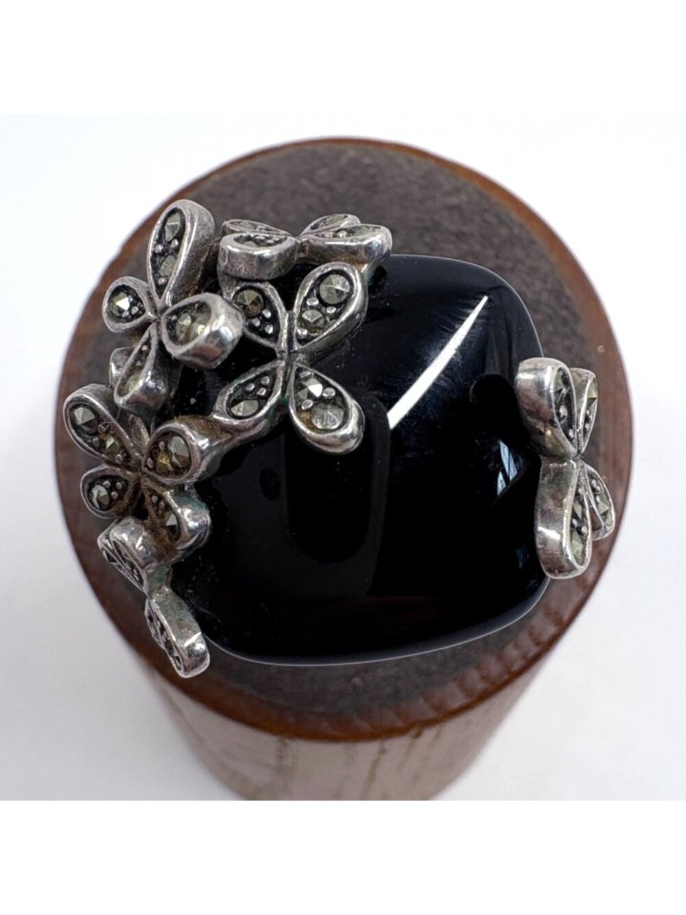 Sterling Silver 925 Black Onyx Marcasite Butterfly Statement Ring Size 9